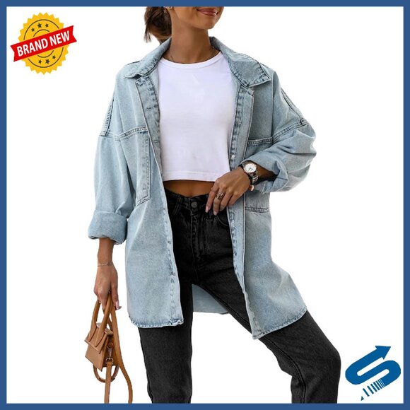 Oversized Denim Jacket Long Sleeve Button Down Pockets Boyfriend Fit
